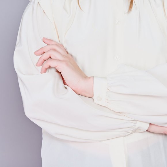 VINTAGE Levante Ivory Silk Button-Front Blouse - Picture 9 of 10